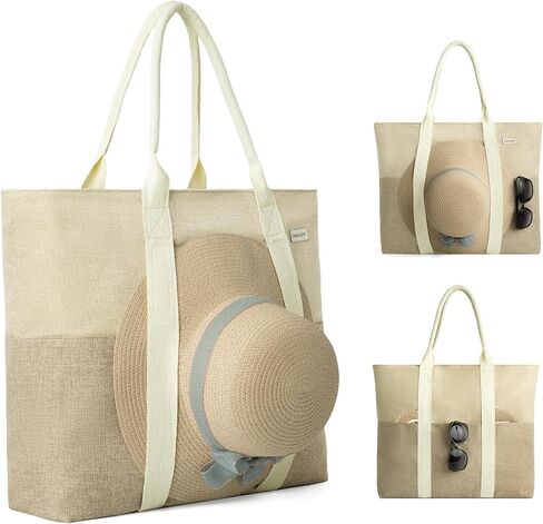 Large Beach Tote Bag with Zipper-Travel Tote Bag for Women with Sun Hat Holder Strap Boho Summer Beach Tote in Saudi Arabia