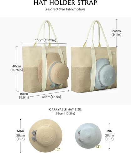 Large Beach Tote Bag with Zipper-Travel Tote Bag for Women with Sun Hat Holder Strap Boho Summer Beach Tote in Saudi Arabia