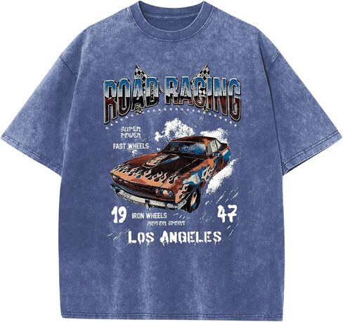 Mens Graphic T-Shirts Oversized Acid Wash Tshirt Vintage Streetwear Shirt Cool Road Racing Printed Tee Los Angeles Top in Kuwait