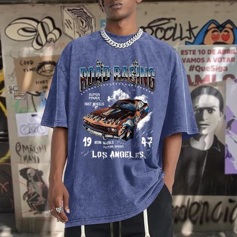 Mens Graphic T-Shirts Oversized Acid Wash Tshirt Vintage Streetwear Shirt Cool Road Racing Printed Tee Los Angeles Top in Kuwait