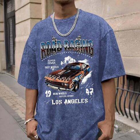 Mens Graphic T-Shirts Oversized Acid Wash Tshirt Vintage Streetwear Shirt Cool Road Racing Printed Tee Los Angeles Top in Kuwait