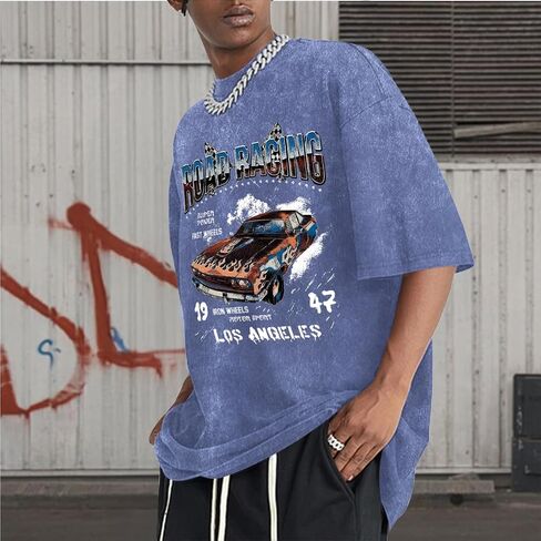 Mens Graphic T-Shirts Oversized Acid Wash Tshirt Vintage Streetwear Shirt Cool Road Racing Printed Tee Los Angeles Top in Kuwait