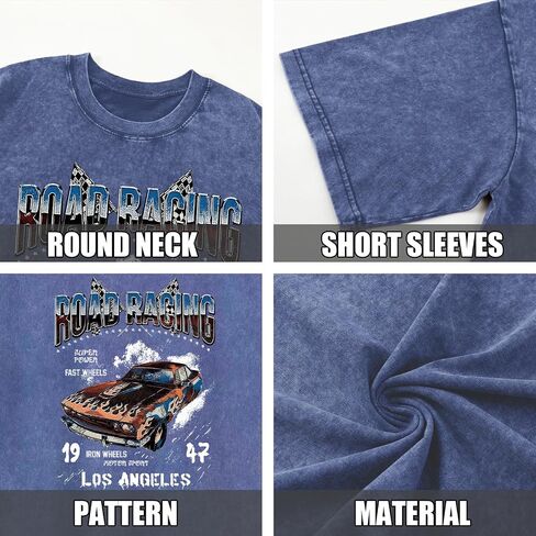 Mens Graphic T-Shirts Oversized Acid Wash Tshirt Vintage Streetwear Shirt Cool Road Racing Printed Tee Los Angeles Top in Kuwait
