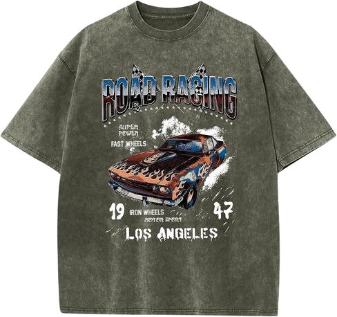 Mens Graphic T-Shirts Oversized Acid Wash Tshirt Vintage Streetwear Shirt Cool Road Racing Printed Tee Los Angeles Top in Kuwait