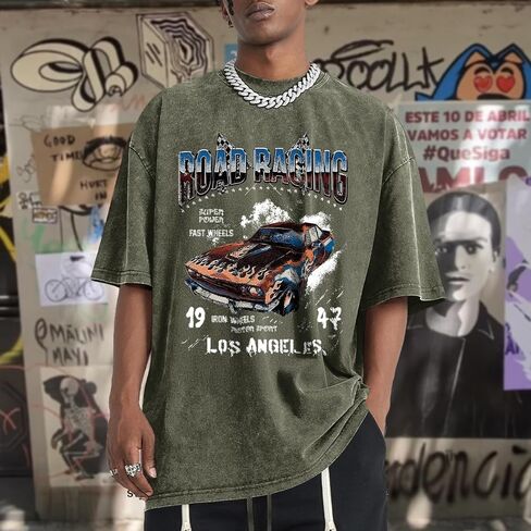 Mens Graphic T-Shirts Oversized Acid Wash Tshirt Vintage Streetwear Shirt Cool Road Racing Printed Tee Los Angeles Top in Kuwait