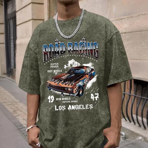 Mens Graphic T-Shirts Oversized Acid Wash Tshirt Vintage Streetwear Shirt Cool Road Racing Printed Tee Los Angeles Top in Kuwait