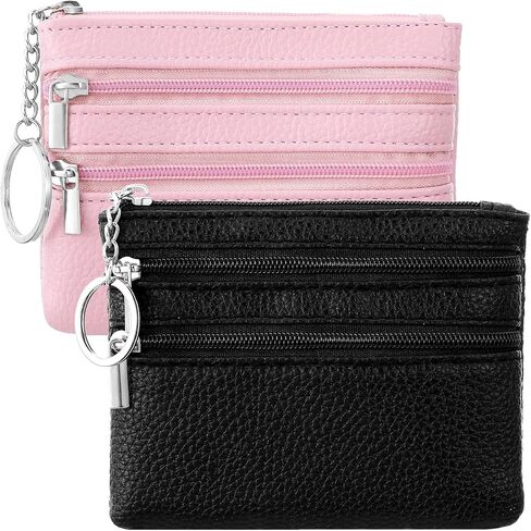 2pack Keychain Coin Purse with Zipper - PU Leather Card Holder Wallet for Women Men, Small Travel Essentials Organizer (Black,Pink Combo) in Saudi Arabia
