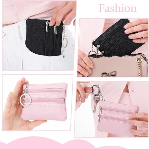 2pack Keychain Coin Purse with Zipper - PU Leather Card Holder Wallet for Women Men, Small Travel Essentials Organizer (Black,Pink Combo) in Saudi Arabia