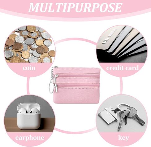 2pack Keychain Coin Purse with Zipper - PU Leather Card Holder Wallet for Women Men, Small Travel Essentials Organizer (Black,Pink Combo) in Saudi Arabia
