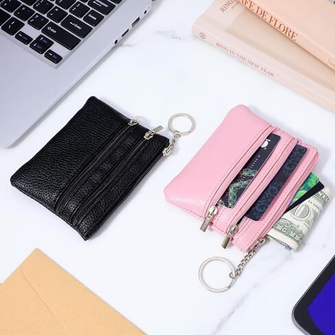 2pack Keychain Coin Purse with Zipper - PU Leather Card Holder Wallet for Women Men, Small Travel Essentials Organizer (Black,Pink Combo) in Saudi Arabia