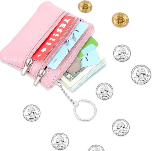 2pack Keychain Coin Purse with Zipper - PU Leather Card Holder Wallet for Women Men, Small Travel Essentials Organizer (Black,Pink Combo) in Saudi Arabia