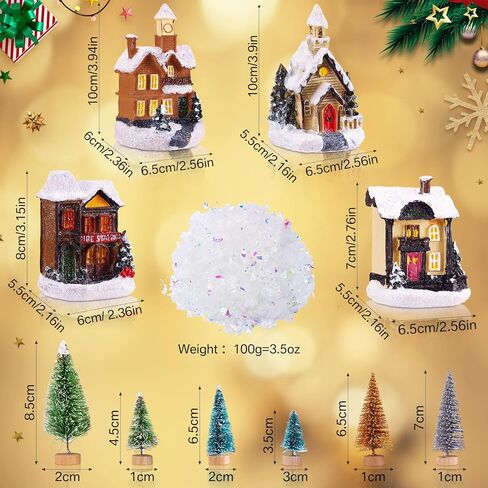 15 Pcs Christmas Village Accessories Set 4 Led Lighted Christmas Village Houses 10 Frosted Trees 3.5 oz Fake Snow for Christmas Village Collection Tabletop Mantel Shelf Indoor Room Decor (Elegant) in Kuwait