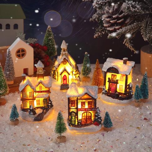 15 Pcs Christmas Village Accessories Set 4 Led Lighted Christmas Village Houses 10 Frosted Trees 3.5 oz Fake Snow for Christmas Village Collection Tabletop Mantel Shelf Indoor Room Decor (Elegant) in Kuwait
