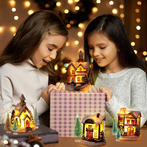 15 Pcs Christmas Village Accessories Set 4 Led Lighted Christmas Village Houses 10 Frosted Trees 3.5 oz Fake Snow for Christmas Village Collection Tabletop Mantel Shelf Indoor Room Decor (Elegant) in Kuwait