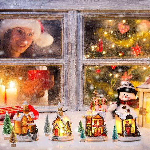 15 Pcs Christmas Village Accessories Set 4 Led Lighted Christmas Village Houses 10 Frosted Trees 3.5 oz Fake Snow for Christmas Village Collection Tabletop Mantel Shelf Indoor Room Decor (Elegant) in Kuwait