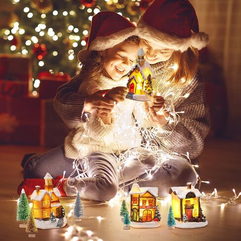 15 Pcs Christmas Village Accessories Set 4 Led Lighted Christmas Village Houses 10 Frosted Trees 3.5 oz Fake Snow for Christmas Village Collection Tabletop Mantel Shelf Indoor Room Decor (Elegant) in Kuwait