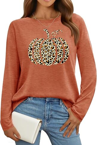 Halloween Pumpkin Shirt for Women: Leopard Pumpkins Print T-Shirt Fall Thanksgiving Long Sleeve Tee Blouse in Saudi Arabia