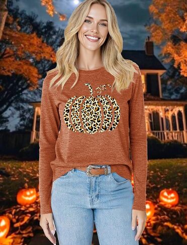 Halloween Pumpkin Shirt for Women: Leopard Pumpkins Print T-Shirt Fall Thanksgiving Long Sleeve Tee Blouse in Saudi Arabia