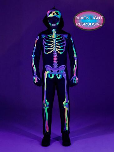 Seasons Rainbow Skeleton Costume with Hood for Man, Black-Light Responsive, Halloween Cosplay Costume in Saudi Arabia
