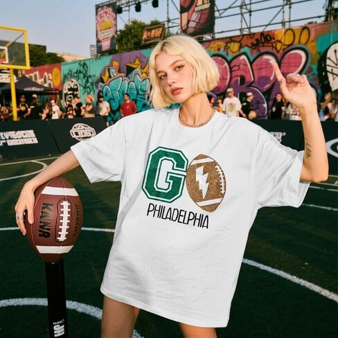 Game Day Shirt Women:Oversized Football Tshirts Glitter Fall Graphic Tees Team Fan Short Sleeve Tops in Kuwait
