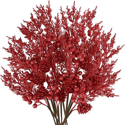 Winlyn 12 Pcs Christmas Artificial Pine Branches Teal Glitter Pine Needles with Pinecone and Berries Christmas Floral Picks 14.2" for Teal Christmas Tree Seasonal Wreath Swag Holiday Arrangement in Saudi Arabia