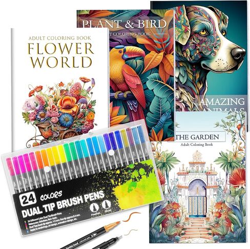 Adult Coloring Book for Adults Relaxation, Mindfulness Coloring Book with 24 Dual Tip Markers, Anxiety Relief Gifts for Women with 128 Patterns Include Plants Animals Flowers Garden Style (4 Pack) in Kuwait
