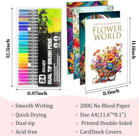 Adult Coloring Book for Adults Relaxation, Mindfulness Coloring Book with 24 Dual Tip Markers, Anxiety Relief Gifts for Women with 128 Patterns Include Plants Animals Flowers Garden Style (4 Pack) in Kuwait