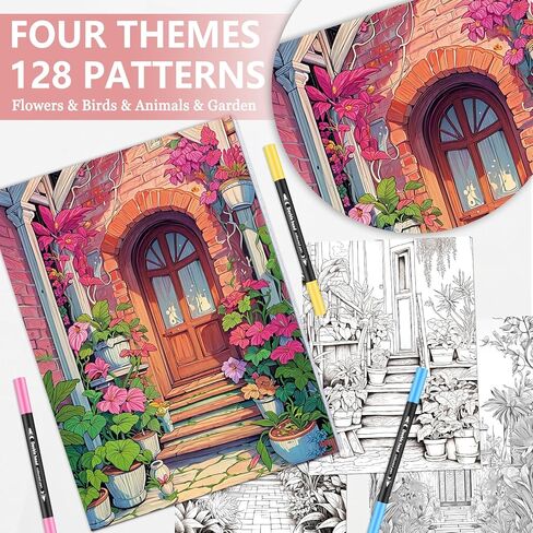 Adult Coloring Book for Adults Relaxation, Mindfulness Coloring Book with 24 Dual Tip Markers, Anxiety Relief Gifts for Women with 128 Patterns Include Plants Animals Flowers Garden Style (4 Pack) in Kuwait