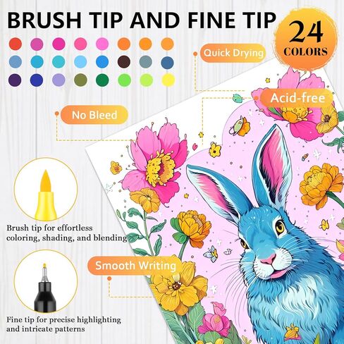 Adult Coloring Book for Adults Relaxation, Mindfulness Coloring Book with 24 Dual Tip Markers, Anxiety Relief Gifts for Women with 128 Patterns Include Plants Animals Flowers Garden Style (4 Pack) in Kuwait