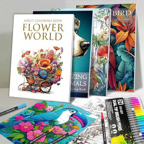 Adult Coloring Book for Adults Relaxation, Mindfulness Coloring Book with 24 Dual Tip Markers, Anxiety Relief Gifts for Women with 128 Patterns Include Plants Animals Flowers Garden Style (4 Pack) in Kuwait