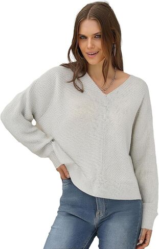 Simple&Opulence Women's Open Back Sweater with Bow Tie Long Sleeve V Neck Backless Drop Shoulder Knit Pullover Sweaters S-XL in Saudi Arabia