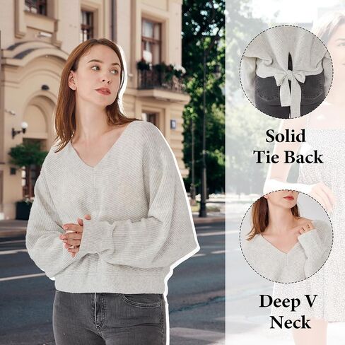 Simple&Opulence Women's Open Back Sweater with Bow Tie Long Sleeve V Neck Backless Drop Shoulder Knit Pullover Sweaters S-XL in Saudi Arabia