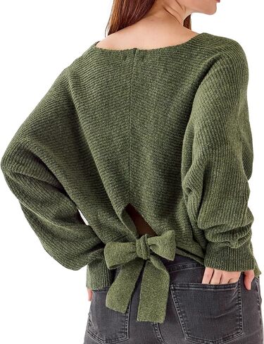 Simple&Opulence Women's Open Back Sweater with Bow Tie Long Sleeve V Neck Backless Drop Shoulder Knit Pullover Sweaters S-XL in Saudi Arabia