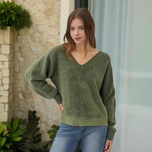 Simple&Opulence Women's Open Back Sweater with Bow Tie Long Sleeve V Neck Backless Drop Shoulder Knit Pullover Sweaters S-XL in Saudi Arabia