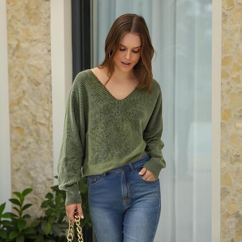 Simple&Opulence Women's Open Back Sweater with Bow Tie Long Sleeve V Neck Backless Drop Shoulder Knit Pullover Sweaters S-XL in Saudi Arabia