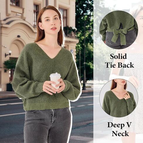 Simple&Opulence Women's Open Back Sweater with Bow Tie Long Sleeve V Neck Backless Drop Shoulder Knit Pullover Sweaters S-XL in Saudi Arabia