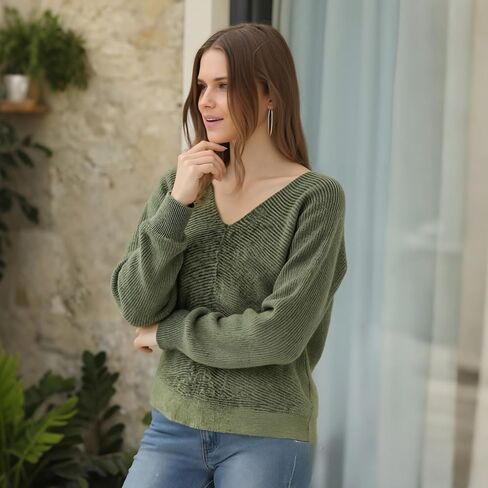 Simple&Opulence Women's Open Back Sweater with Bow Tie Long Sleeve V Neck Backless Drop Shoulder Knit Pullover Sweaters S-XL in Saudi Arabia