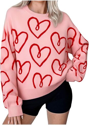 Womens Oversized Bow Sweater Cute Love Heart Print Preppy Pullover Top Chuncy Knit Long Sleeve Valentines Day Sweaters in Saudi Arabia