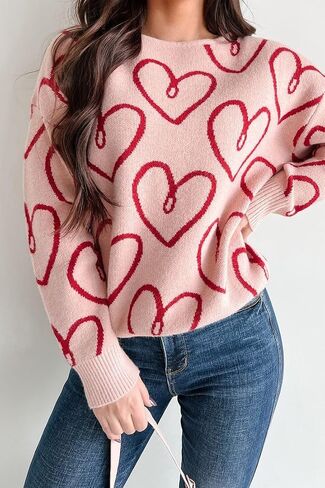 Womens Oversized Bow Sweater Cute Love Heart Print Preppy Pullover Top Chuncy Knit Long Sleeve Valentines Day Sweaters in Saudi Arabia