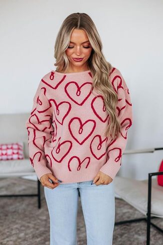 Womens Oversized Bow Sweater Cute Love Heart Print Preppy Pullover Top Chuncy Knit Long Sleeve Valentines Day Sweaters in Saudi Arabia