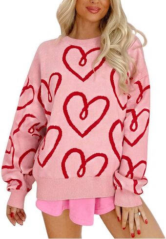 Womens Oversized Bow Sweater Cute Love Heart Print Preppy Pullover Top Chuncy Knit Long Sleeve Valentines Day Sweaters in Saudi Arabia