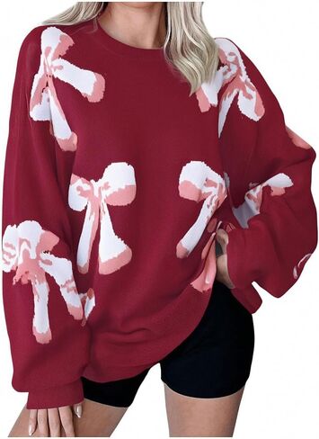 Womens Oversized Bow Sweater Cute Love Heart Print Preppy Pullover Top Chuncy Knit Long Sleeve Valentines Day Sweaters in Saudi Arabia