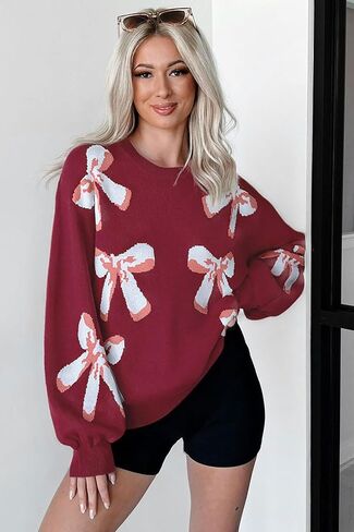 Womens Oversized Bow Sweater Cute Love Heart Print Preppy Pullover Top Chuncy Knit Long Sleeve Valentines Day Sweaters in Saudi Arabia