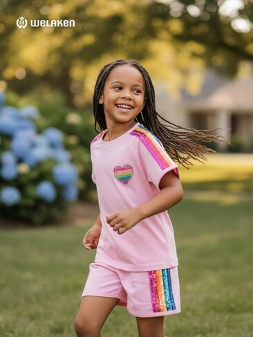 WELAKEN Girls 2 Piece Outfit Kid Toddler Heart & Rainbow Sequin Striped T-shirt and Shorts Clothing Set in Saudi Arabia