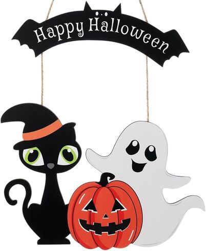 Halloween Door Hanging Decoration - Ghost Pumpkin Black Cat Hanging Sign for Front Door, Wall, Indoor Outdoor Party Home Decor Supplies in Saudi Arabia