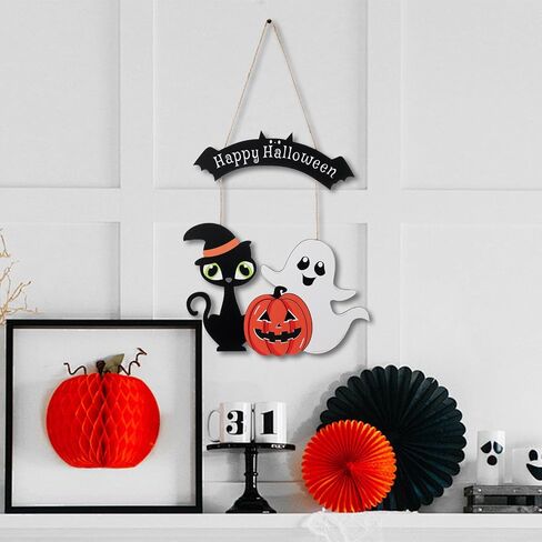 Halloween Door Hanging Decoration - Ghost Pumpkin Black Cat Hanging Sign for Front Door, Wall, Indoor Outdoor Party Home Decor Supplies in Saudi Arabia