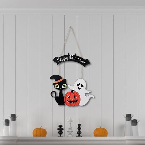 Halloween Door Hanging Decoration - Ghost Pumpkin Black Cat Hanging Sign for Front Door, Wall, Indoor Outdoor Party Home Decor Supplies in Saudi Arabia