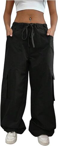 OYOANGLE Women's Low Waist Cargo Pants Wide Leg Y2K Parachute Trousers with Pockets in Saudi Arabia