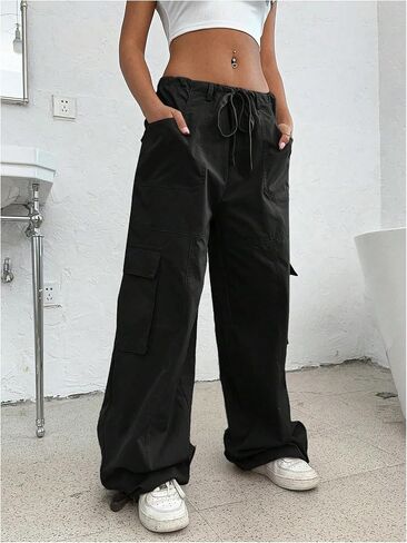 OYOANGLE Women's Low Waist Cargo Pants Wide Leg Y2K Parachute Trousers with Pockets in Saudi Arabia