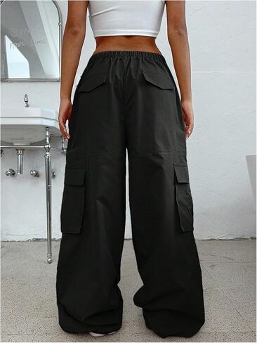 OYOANGLE Women's Low Waist Cargo Pants Wide Leg Y2K Parachute Trousers with Pockets in Saudi Arabia